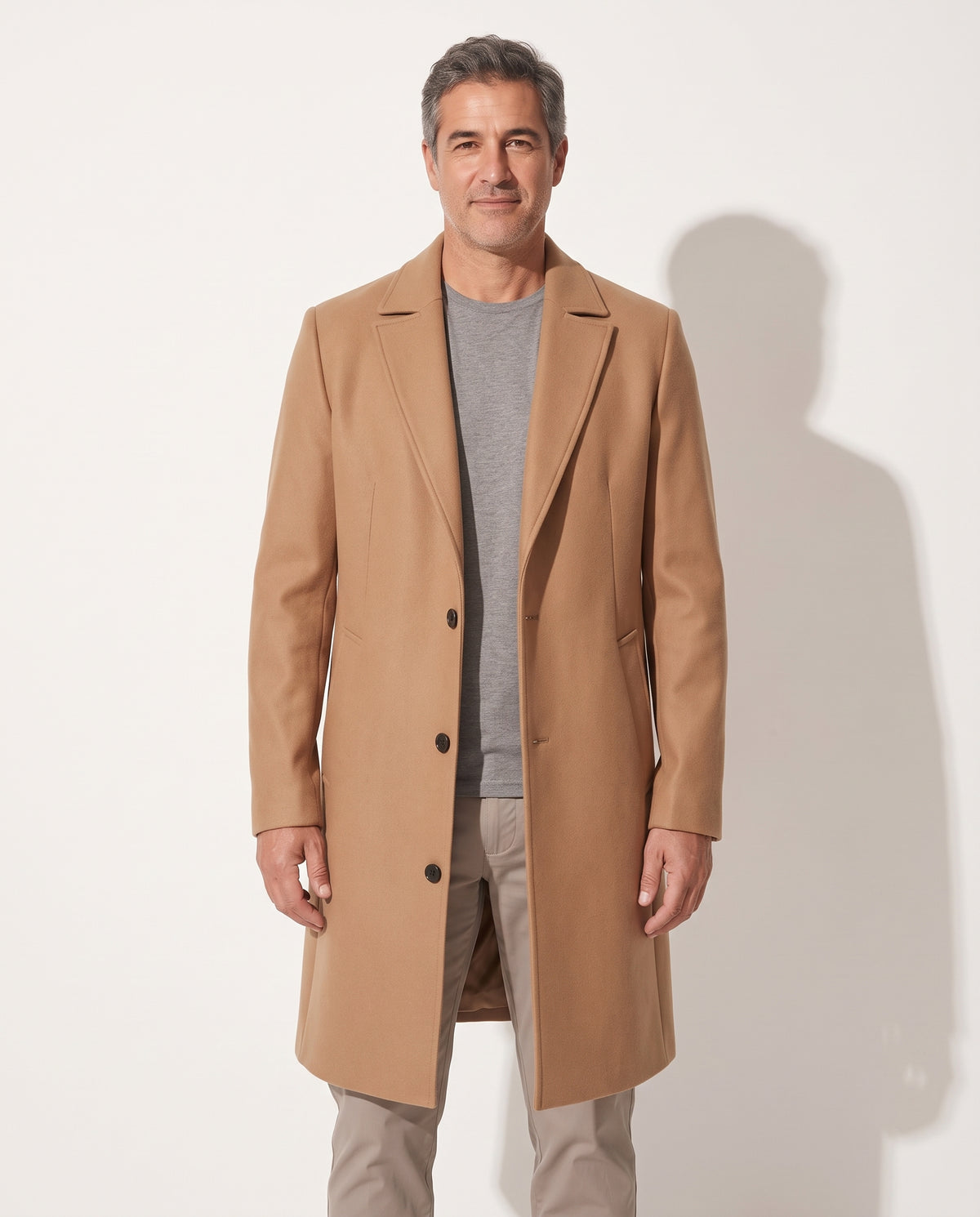 Augustin | Black Camel Brown Pink Wool Longline Formal Coat — voorkant