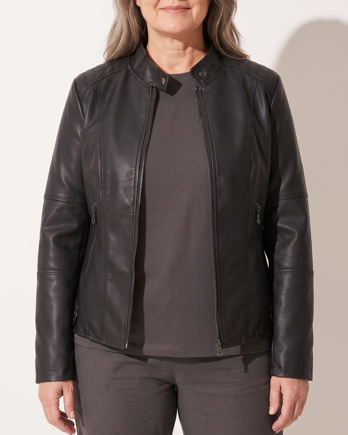 Constance | Faux Leather Biker Jacket Fur Collar Motorcycle — voorkant
