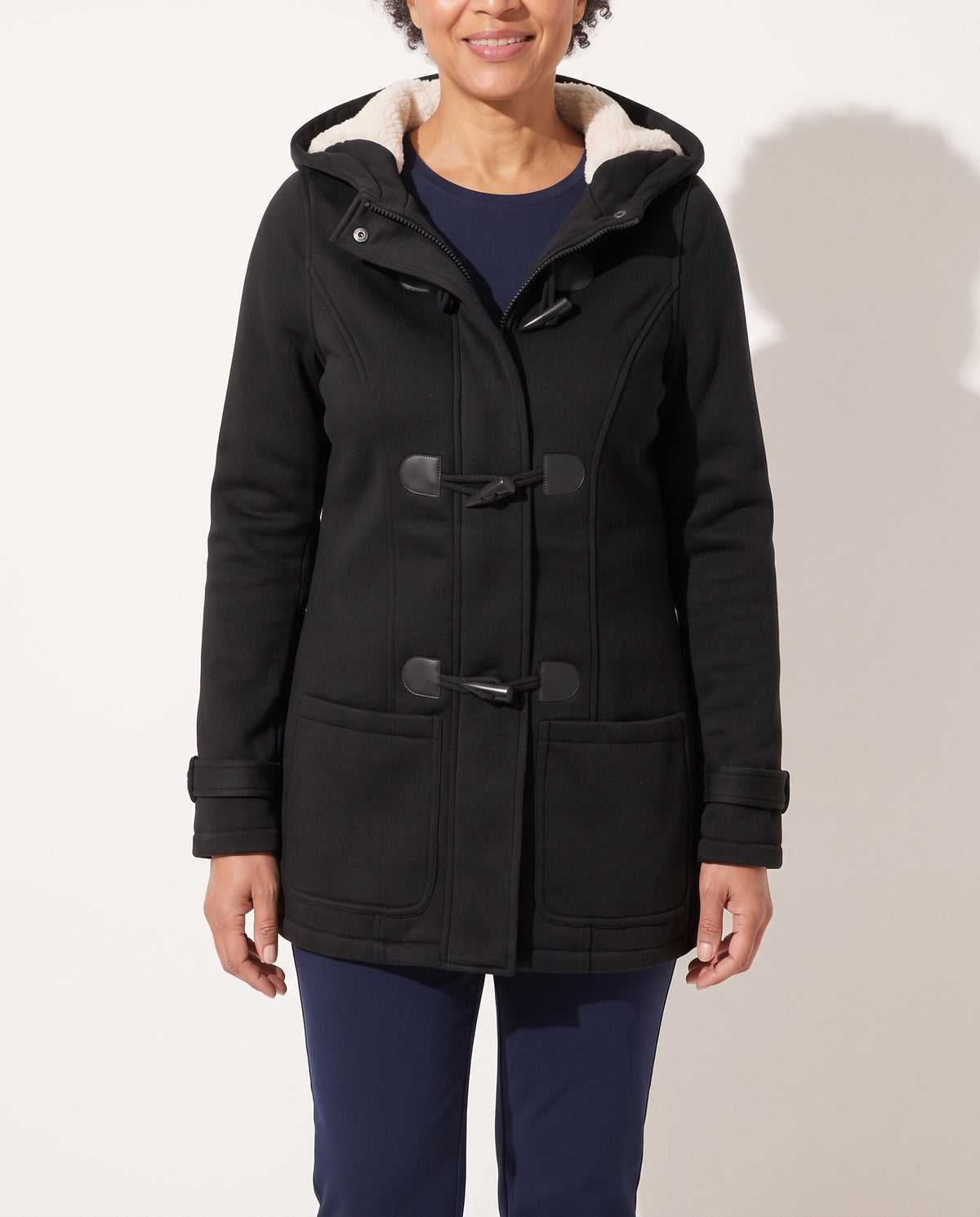 Juliette | Wool Blend Faux Fur Hood Fleece Zip Up Long Black Pink Coat Jacket — voorkant