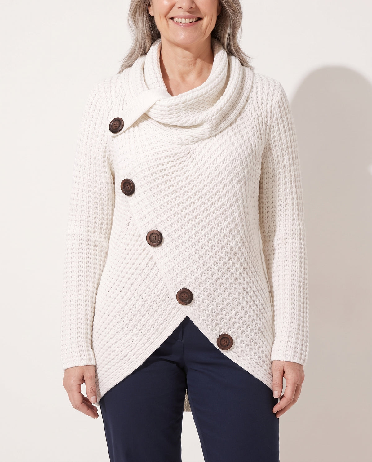 Theodora | Black White Cashmere Knit Cowl Neck Roll V Jumpers — voorkant