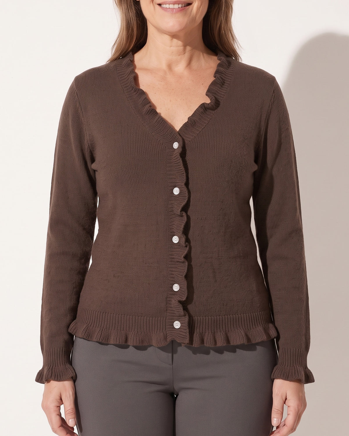Aurelia | Cream Cashmere V Neck Knit Sweater Cardigan Fur Trim — voorkant