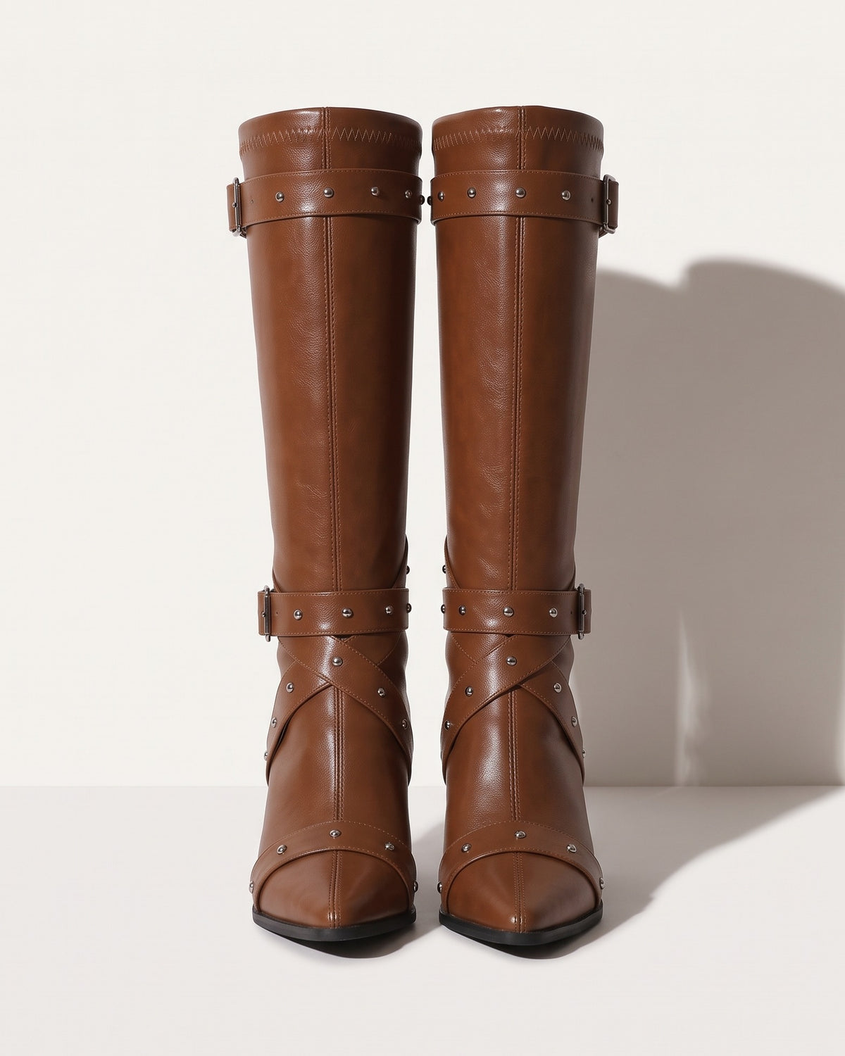 Arabella | Black Leather Knee High Heeled Block Heel Boots — voorkant