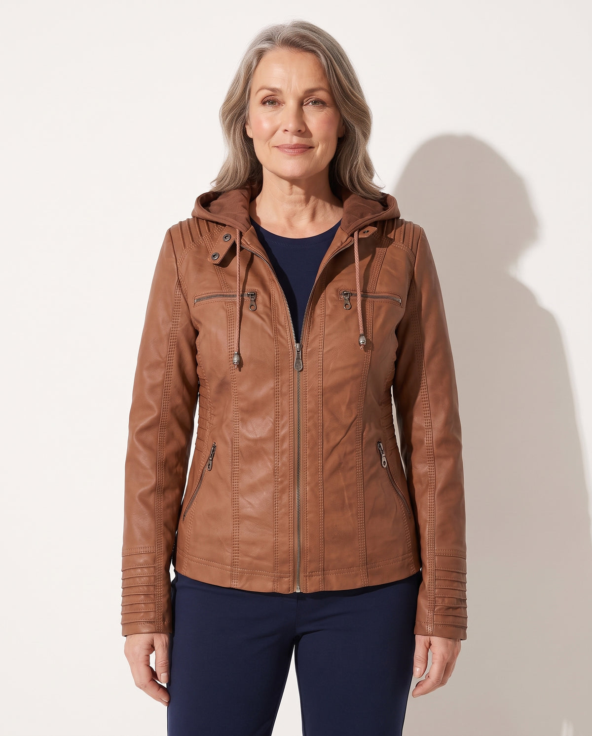 Valentina | Black Tan Leather Biker Moto Puffer Jacket Fur Collar — voorkant