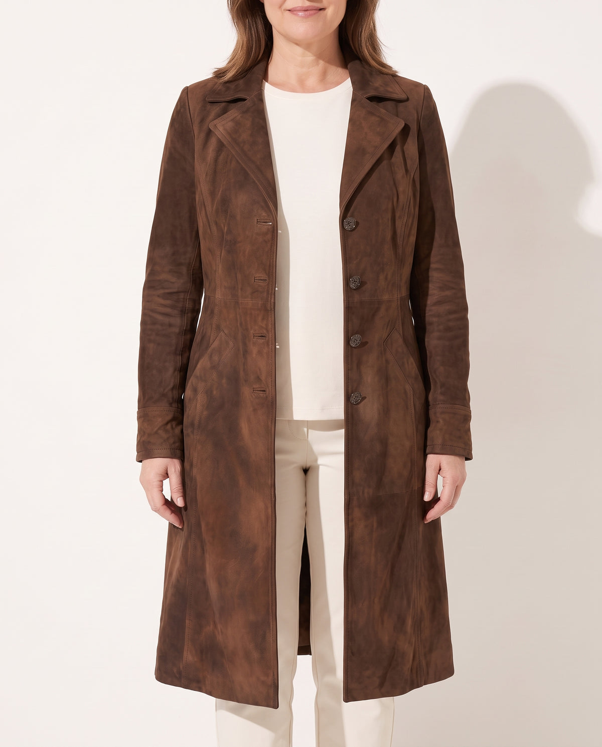 Isolde | Black Suede Leather Wool Trench Coat Smart Occasion — voorkant
