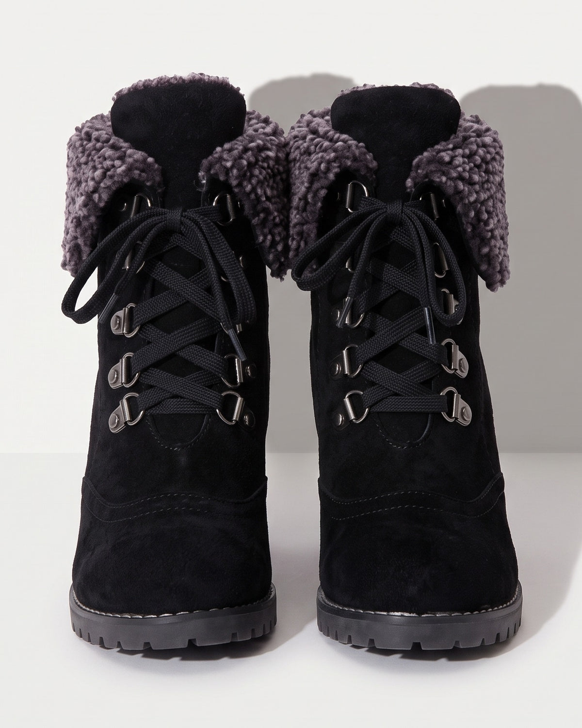 Rhoda | Black Chunky Heel Fur-Trimmed Lace-Up Ankle Boots — voorkant