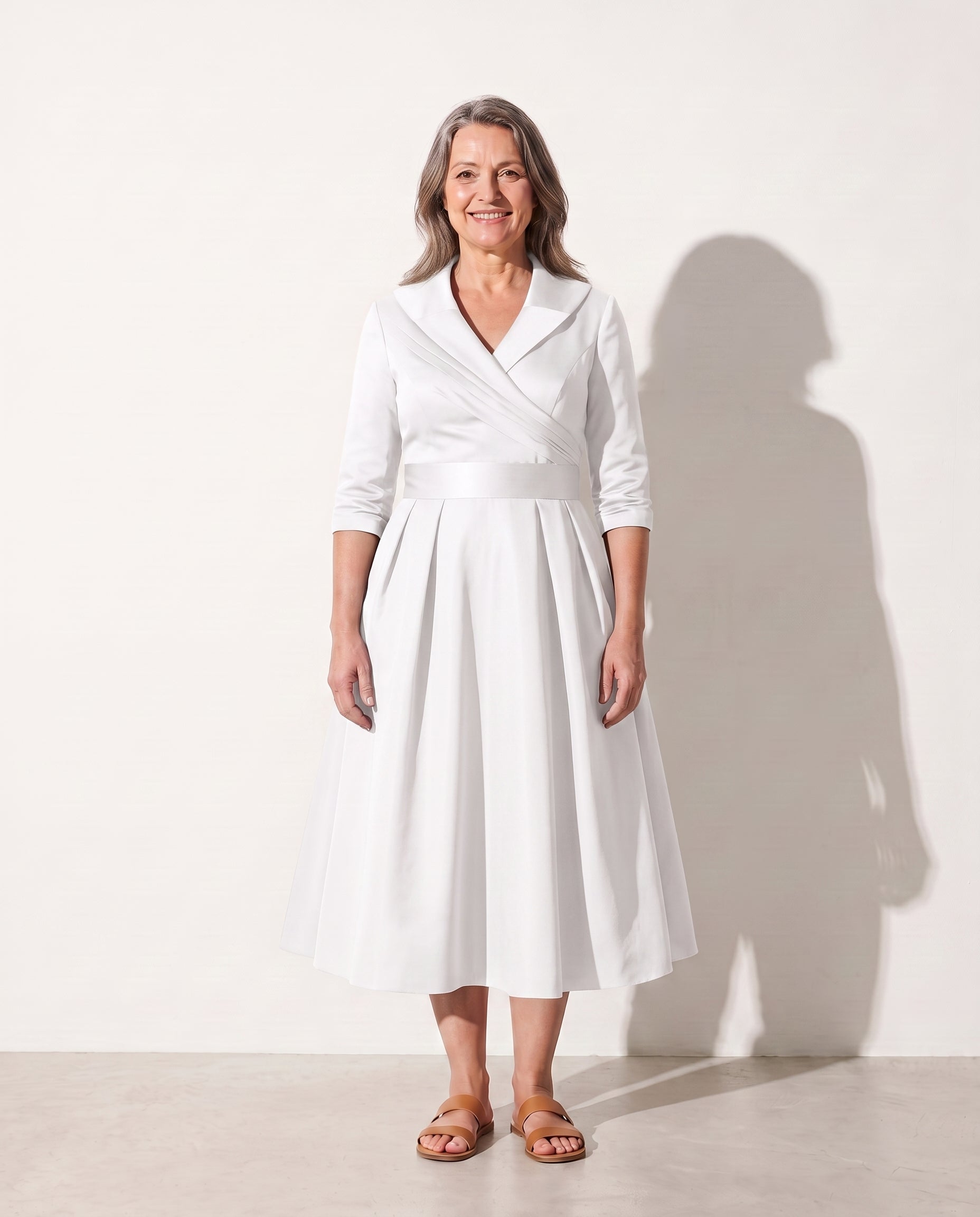 Bridget | Women's Formal Midi Dress with Structured Bodice — White