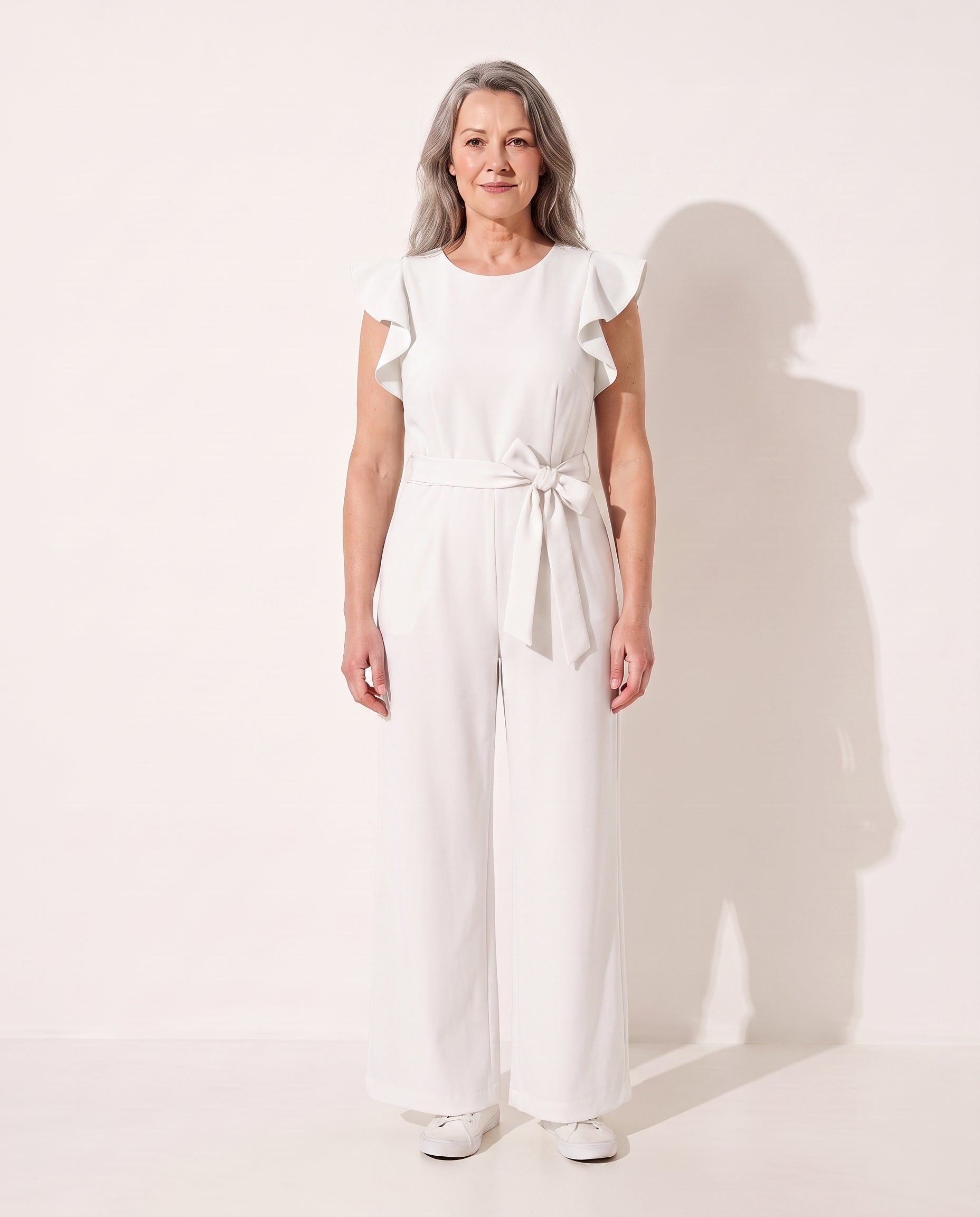 Eulalie | Elegant Wide Leg Evening Jumpsuits With Ruffle Detail — White