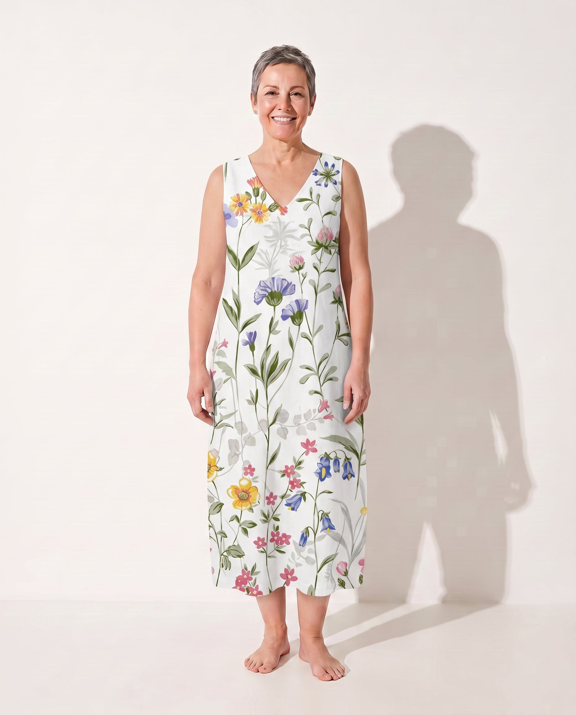 Theodora | Floral Long Sleeve Midi Dress for Garden Parties — White