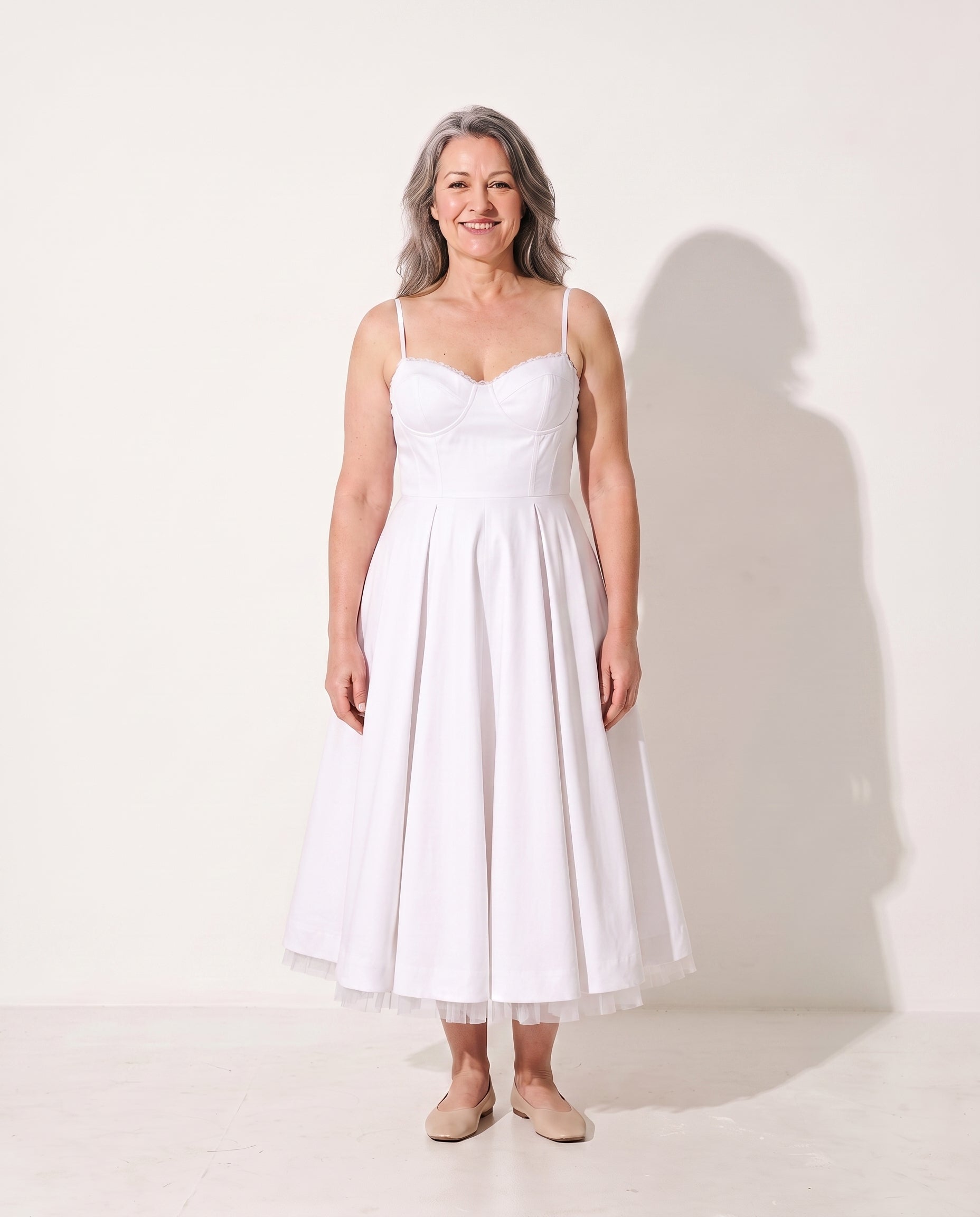 Lucinda | Formal Midi Dress With Corset Bodice & Full Skirt — White
