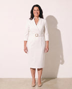 Philippa | Long Sleeve V-Neck Belted Midi Dress Workwear — White