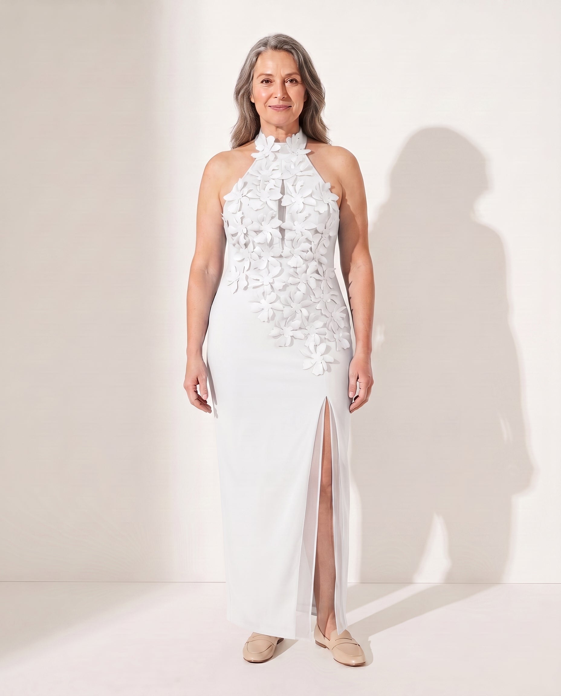 Henriette | Formal Dresses For Women Halter Floral Maxi — White