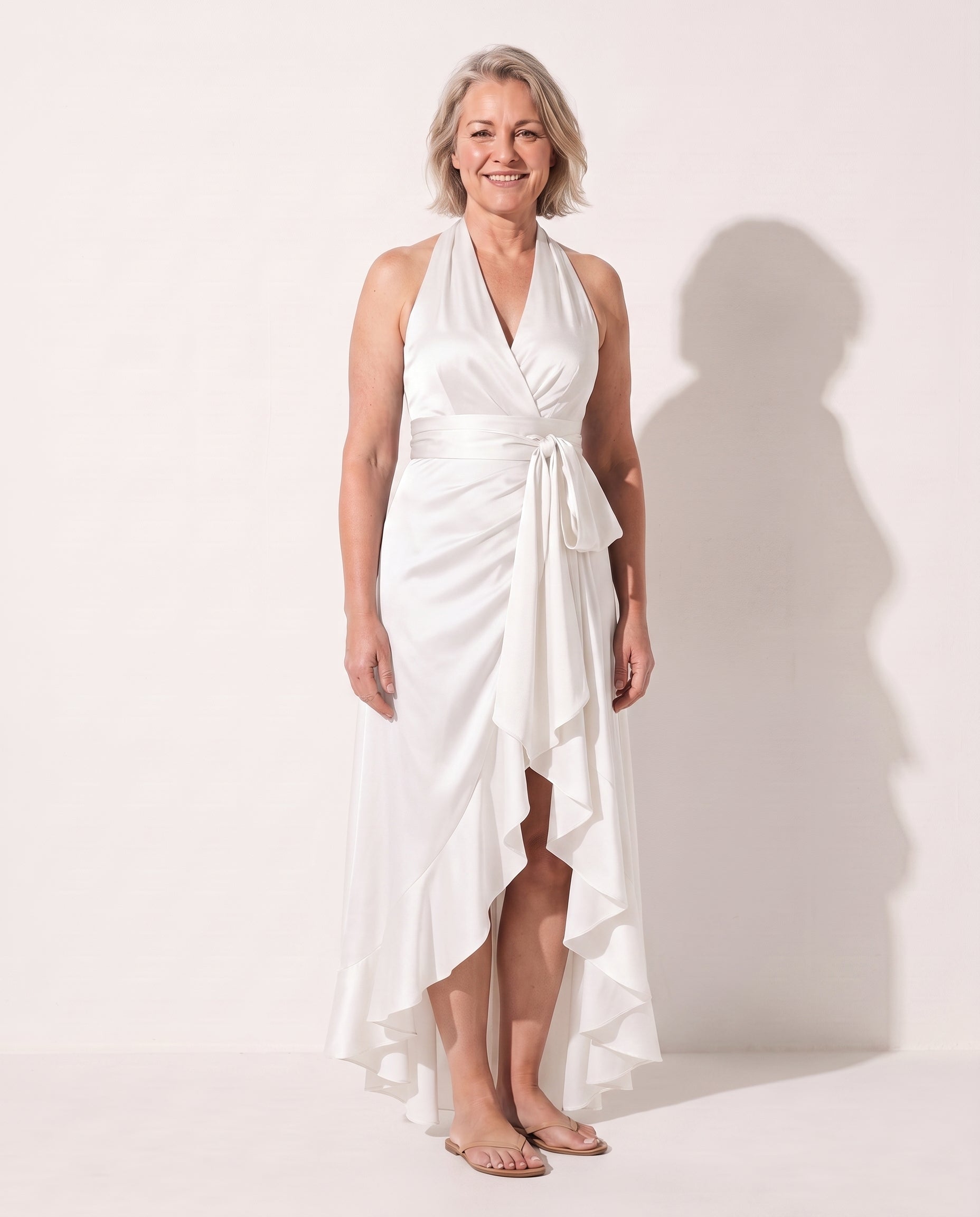 Amandine | Halter Neck Satin Maxi Dress With Ruffle Hem — White