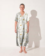 Theodora | Floral Long Sleeve Midi Dress for Garden Parties — White with Yellow
