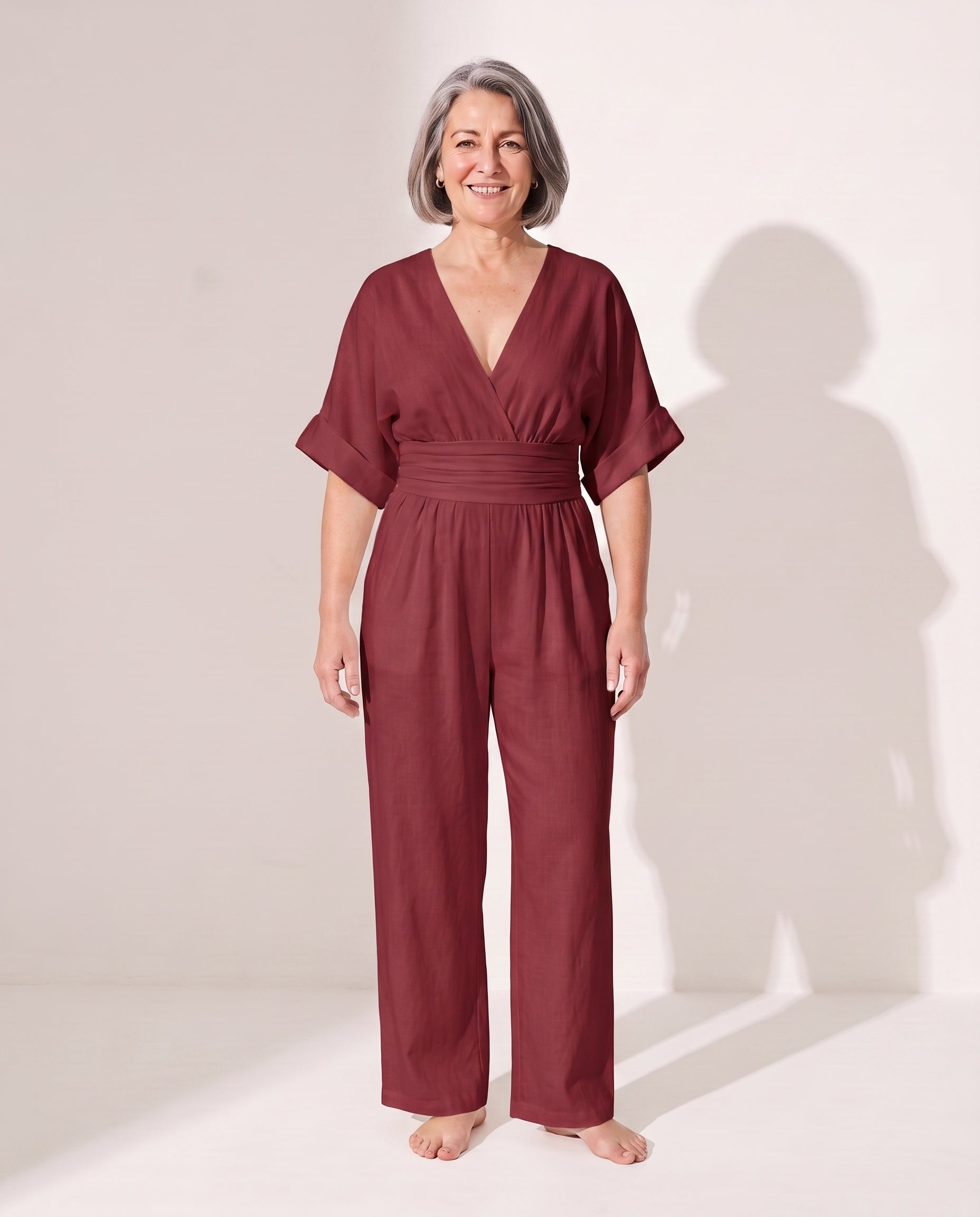 Penelope | Wide Leg Casual Jumpsuit With Cinched Waist — Wine Red