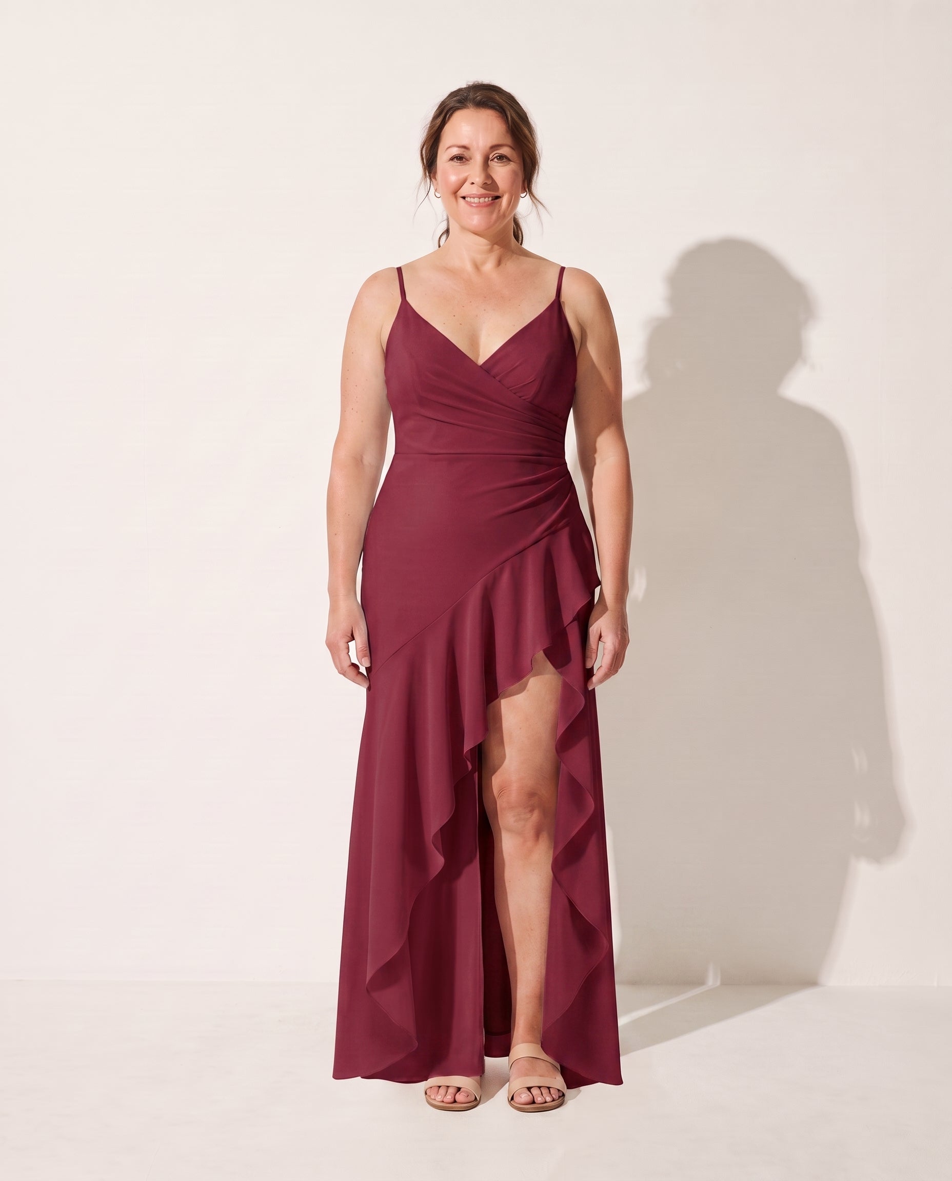 Rosalind | Long Sleeve Satin Maxi Dress Cowl Neck Evening Gown — Wine Red