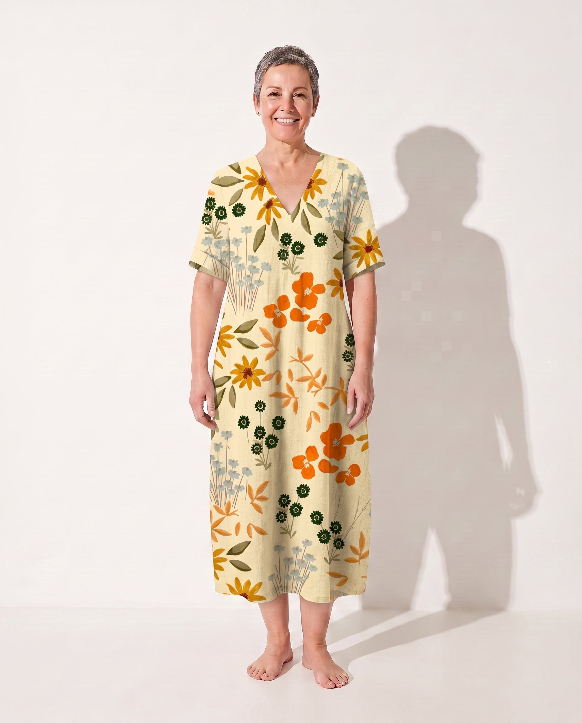 Theodora | Floral Long Sleeve Midi Dress for Garden Parties — Yellow