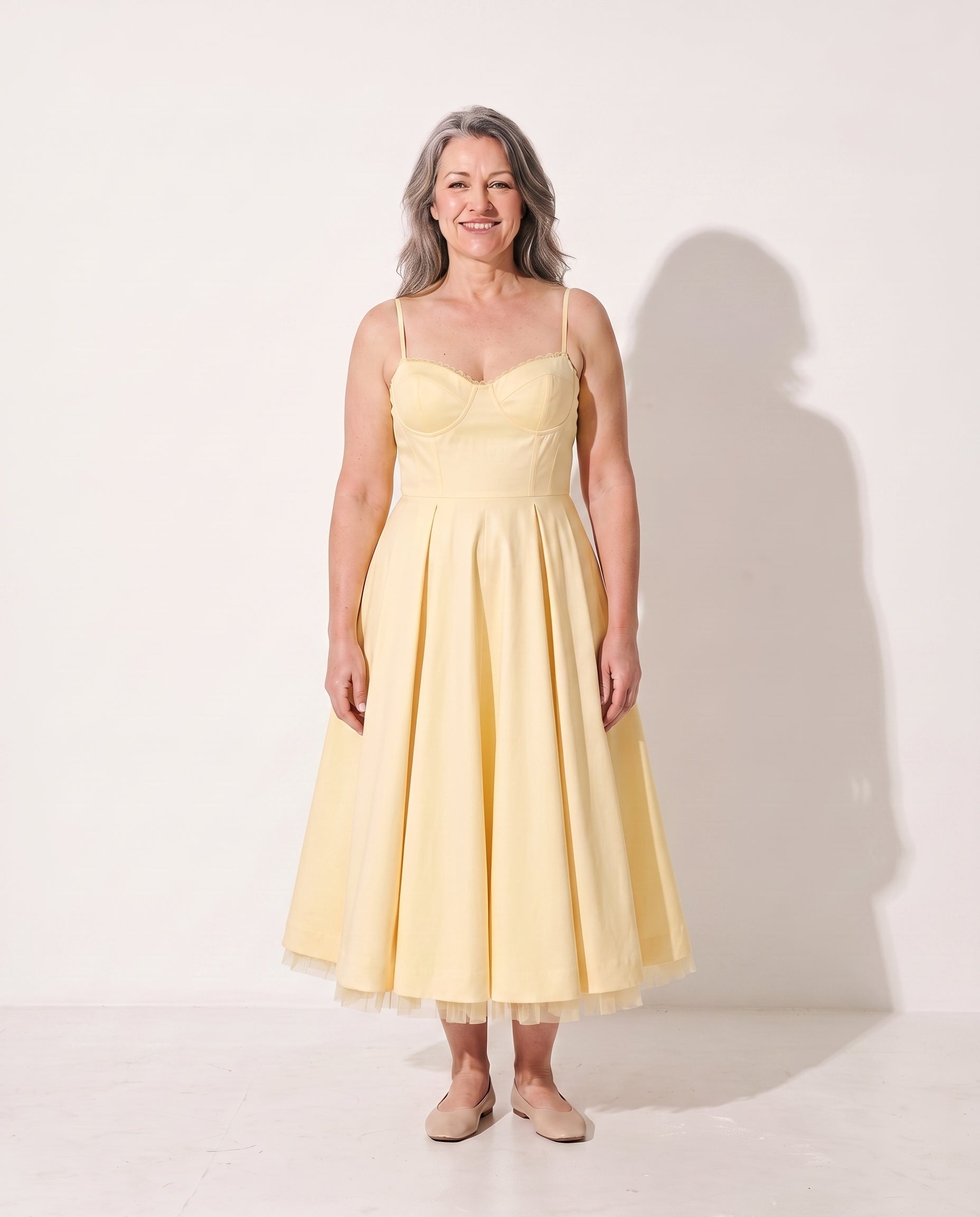 Lucinda | Formal Midi Dress With Corset Bodice & Full Skirt — Yellow