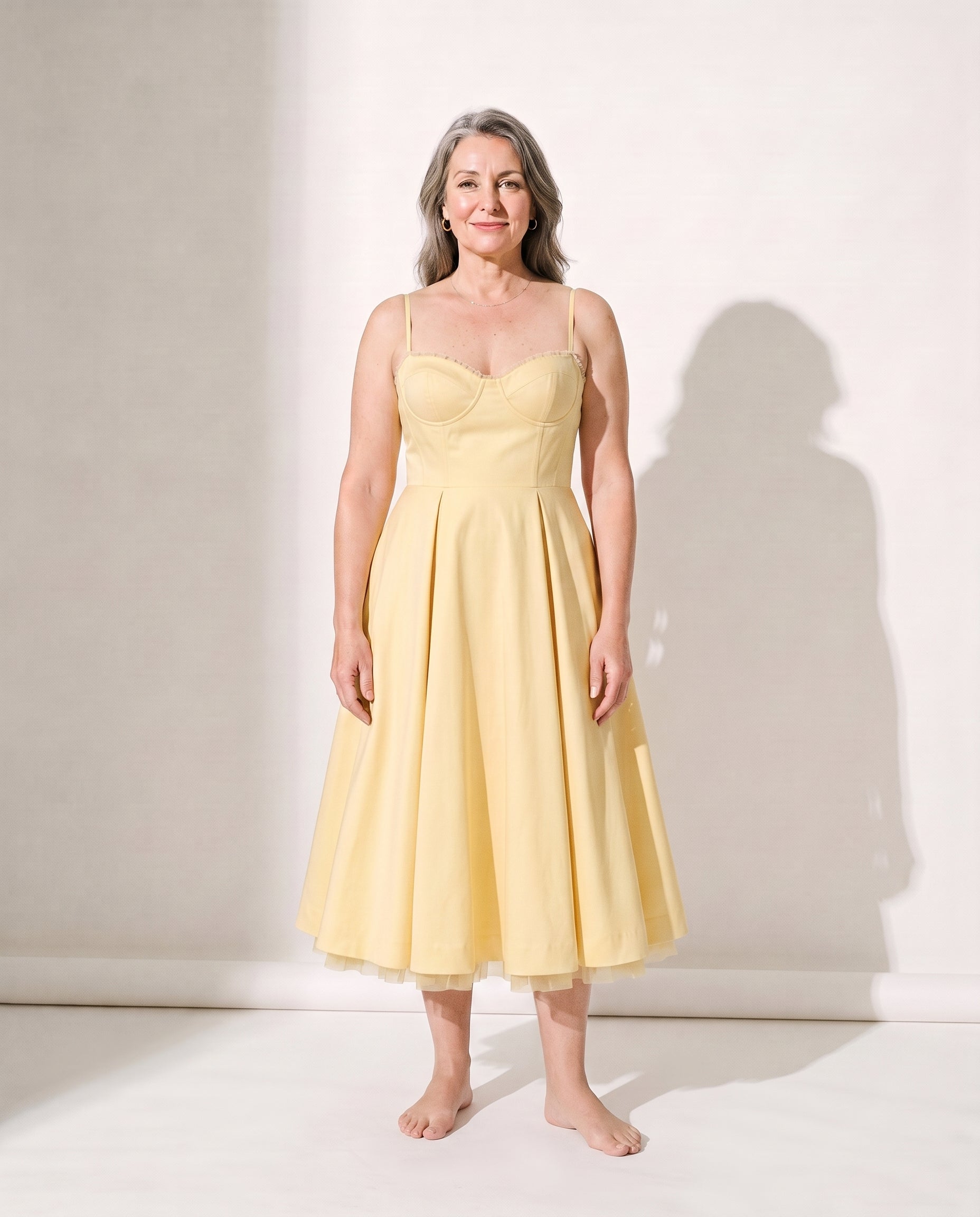 Persephone | Corset Midi Wedding Guest Dress With Full Skirt — Yellow
