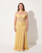 Camille | Off Shoulder Ruched Mesh Evening Maxi Dresses — Yellow