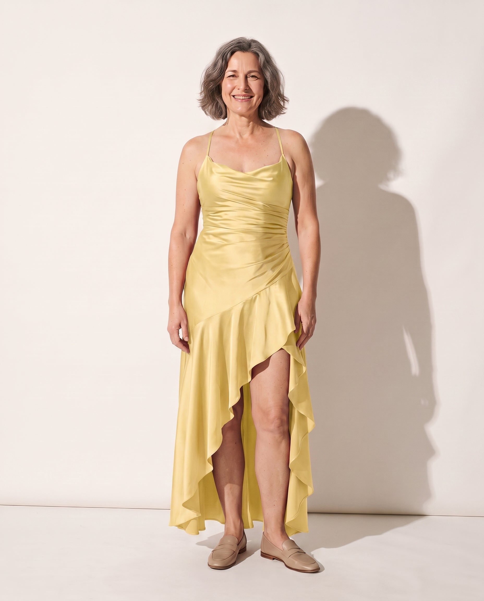 Henriette | Women Cowl Neck Satin Slip Maxi Dress — Yellow