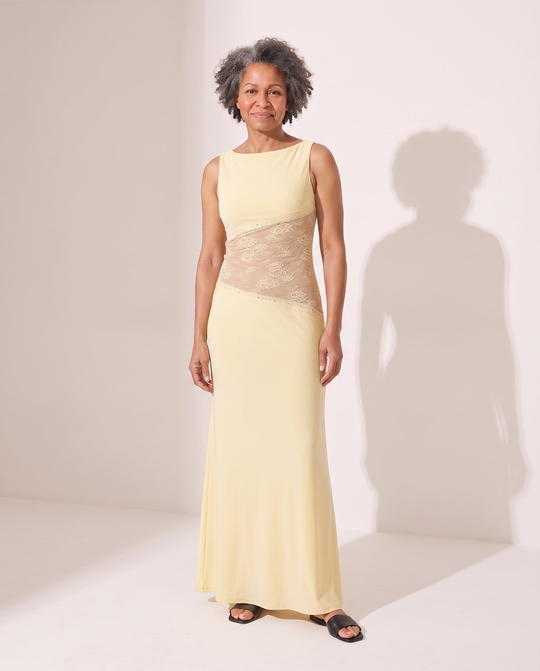 Capucine | Black Lace Cutout Maxi Evening Dress — Yellow