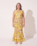 Agathe | Floral Appliqué Autumn Wedding Guest Dresses Midi — Yellow
