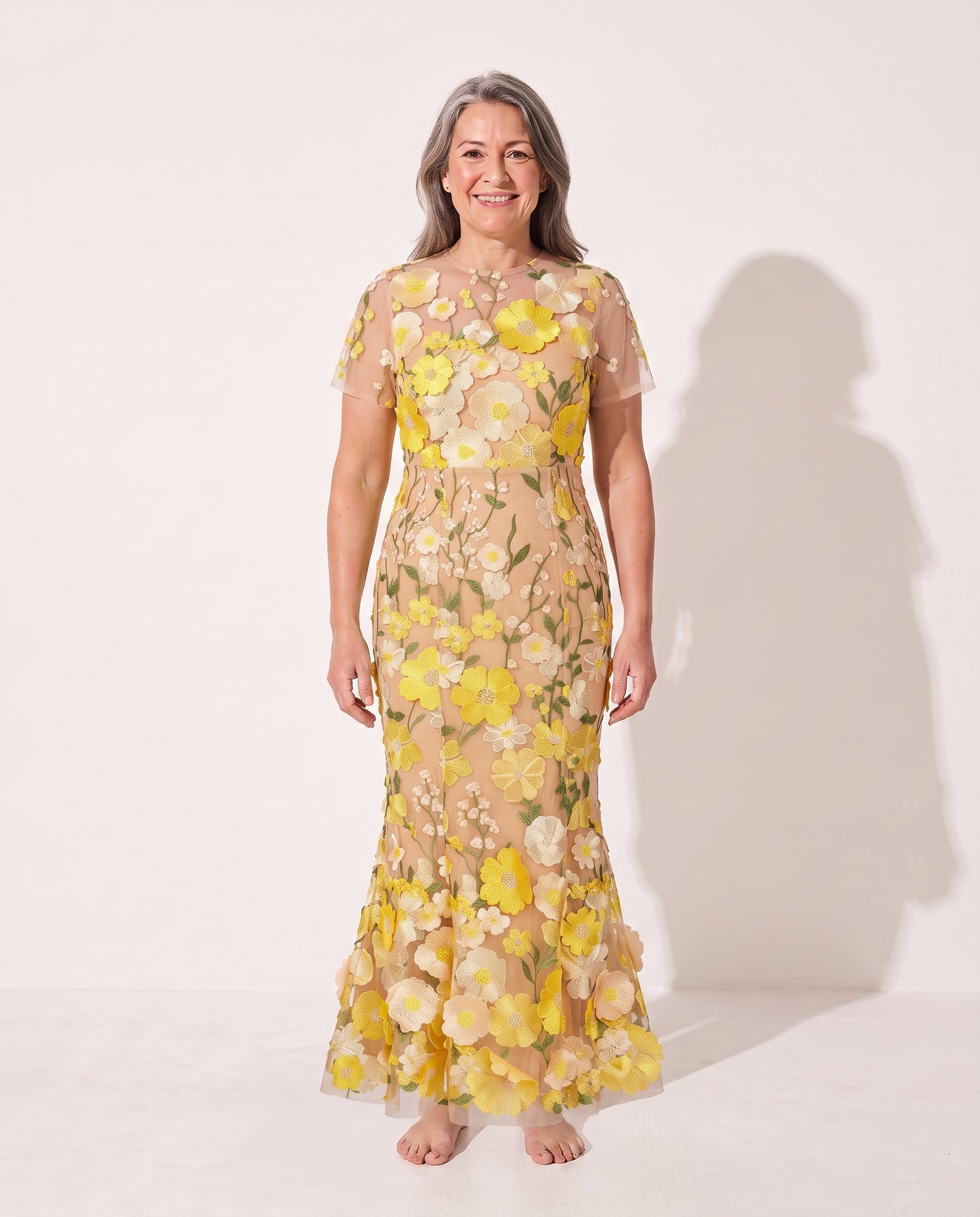 Agathe | Floral Appliqué Autumn Wedding Guest Dresses Midi — Yellow