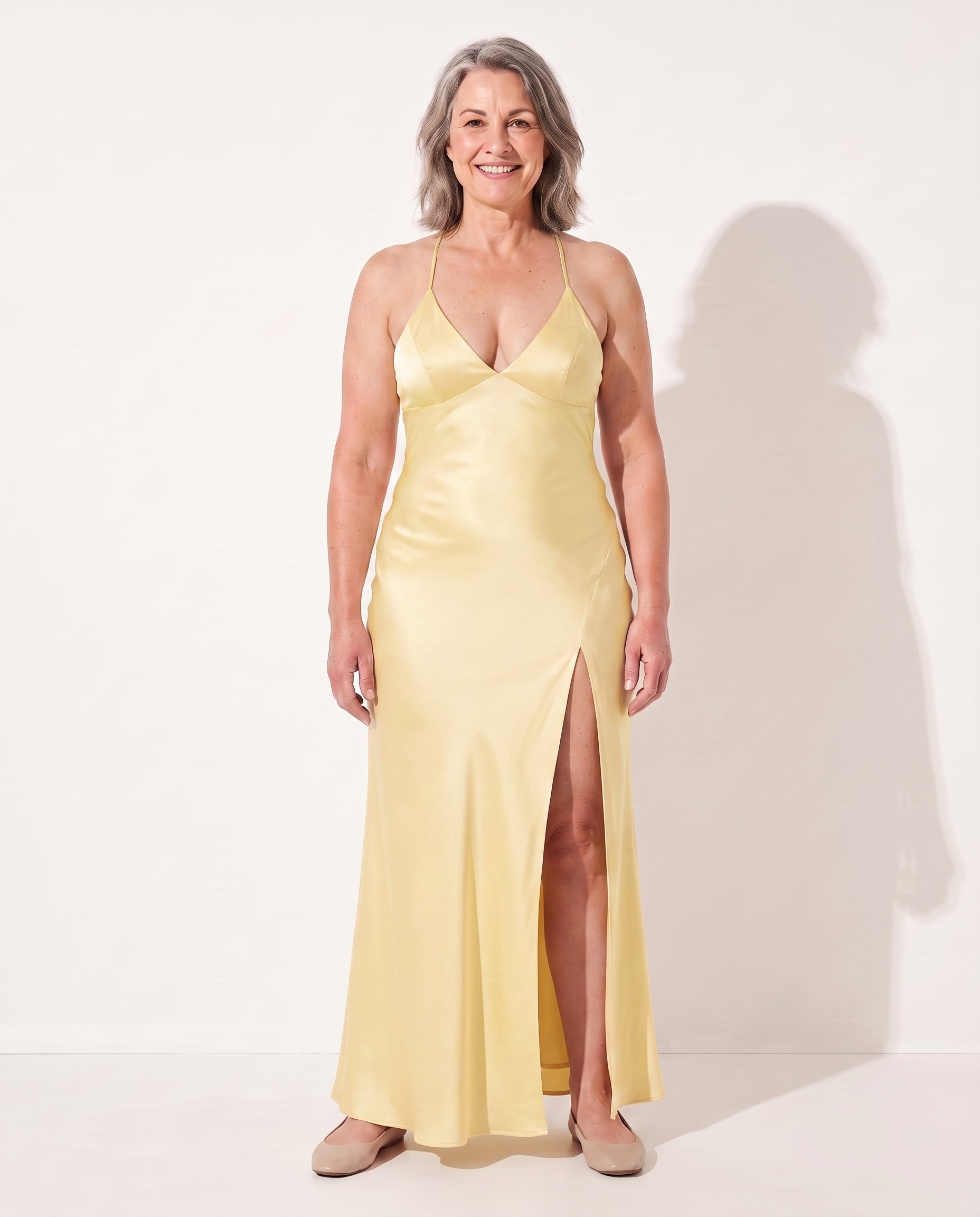 Penelope | Long Sleeve Satin Maxi Dress Evening Occasions — Yellow
