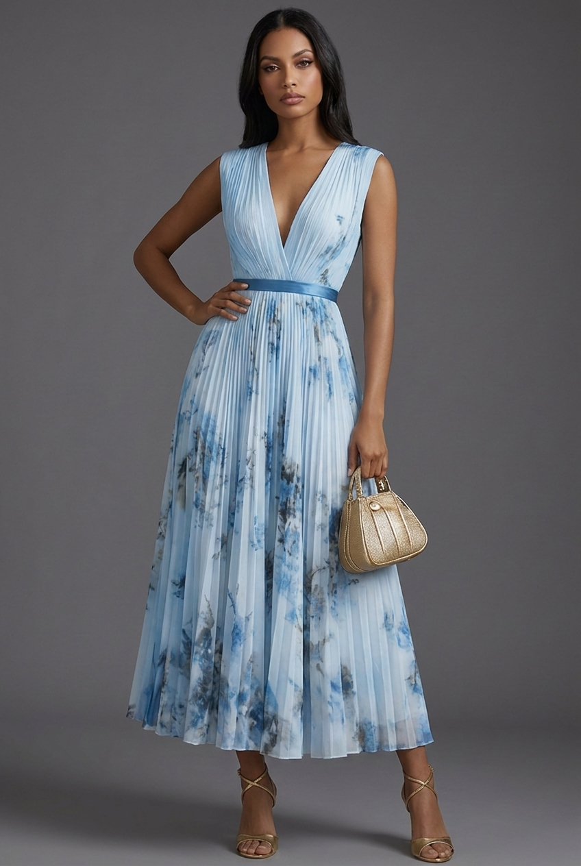 Bridget | Floral Pleated V-Neck Midi Bridesmaid Dresses