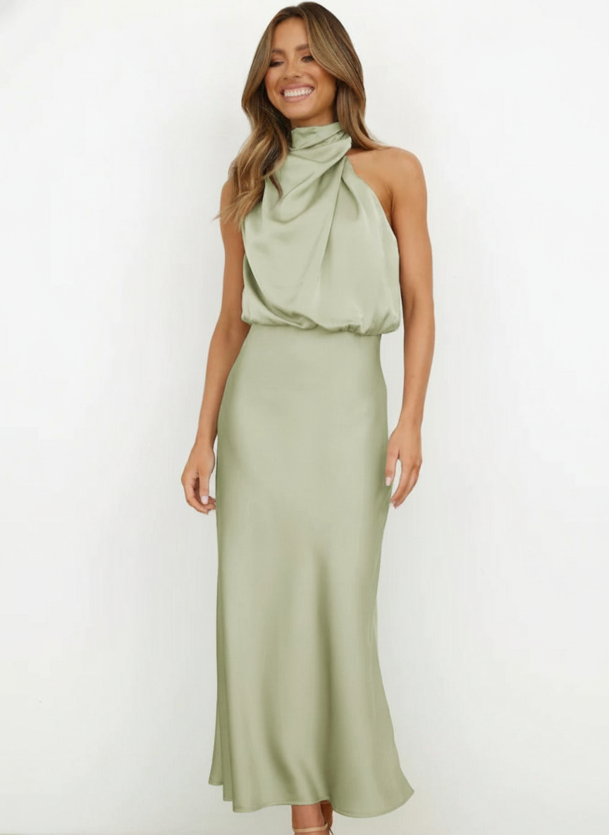 Helena | Women's Sage Green Halter Neck Maxi Wedding Guest Dress