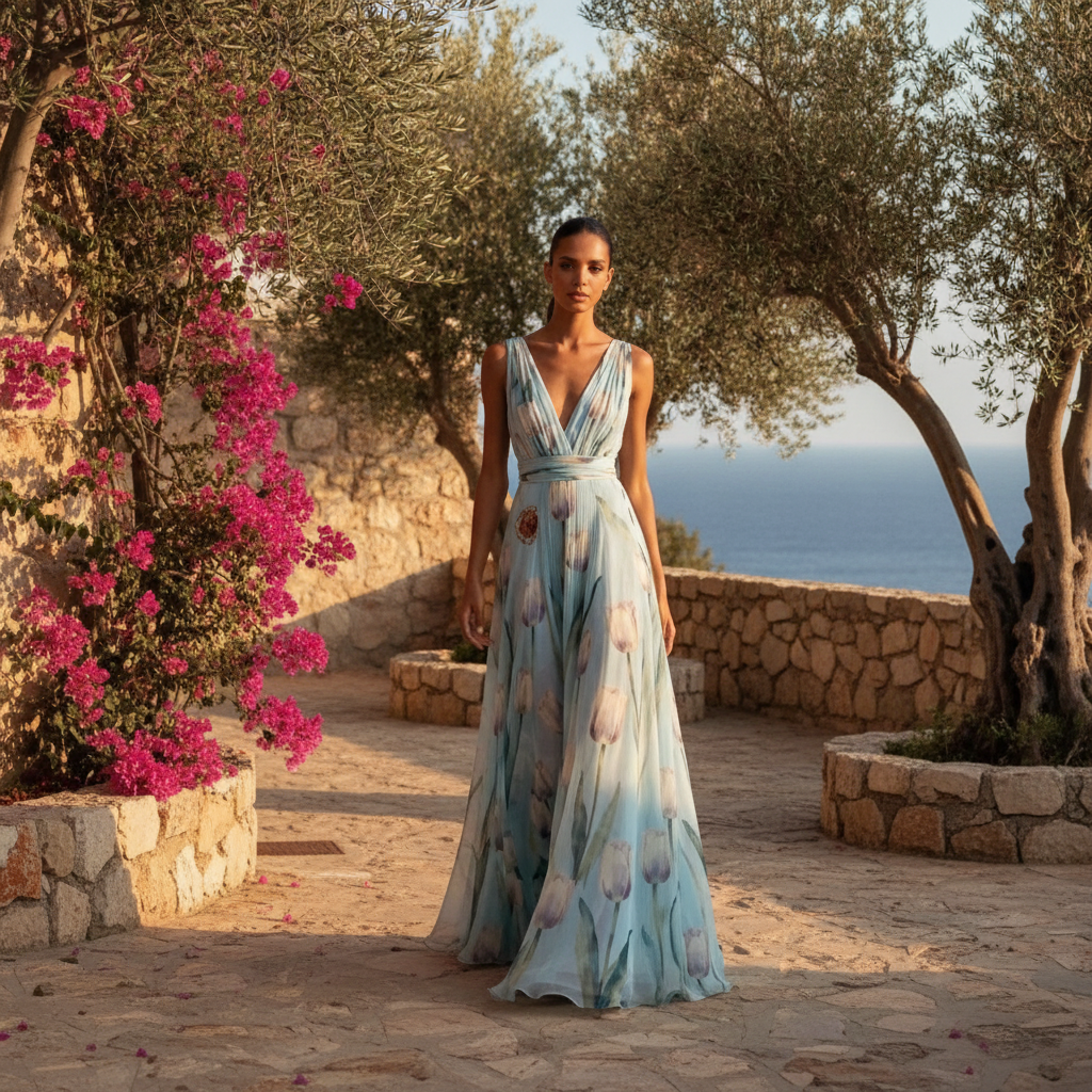 Josephine | Tulip Print V-Neck Maxi Wedding Guest Dress