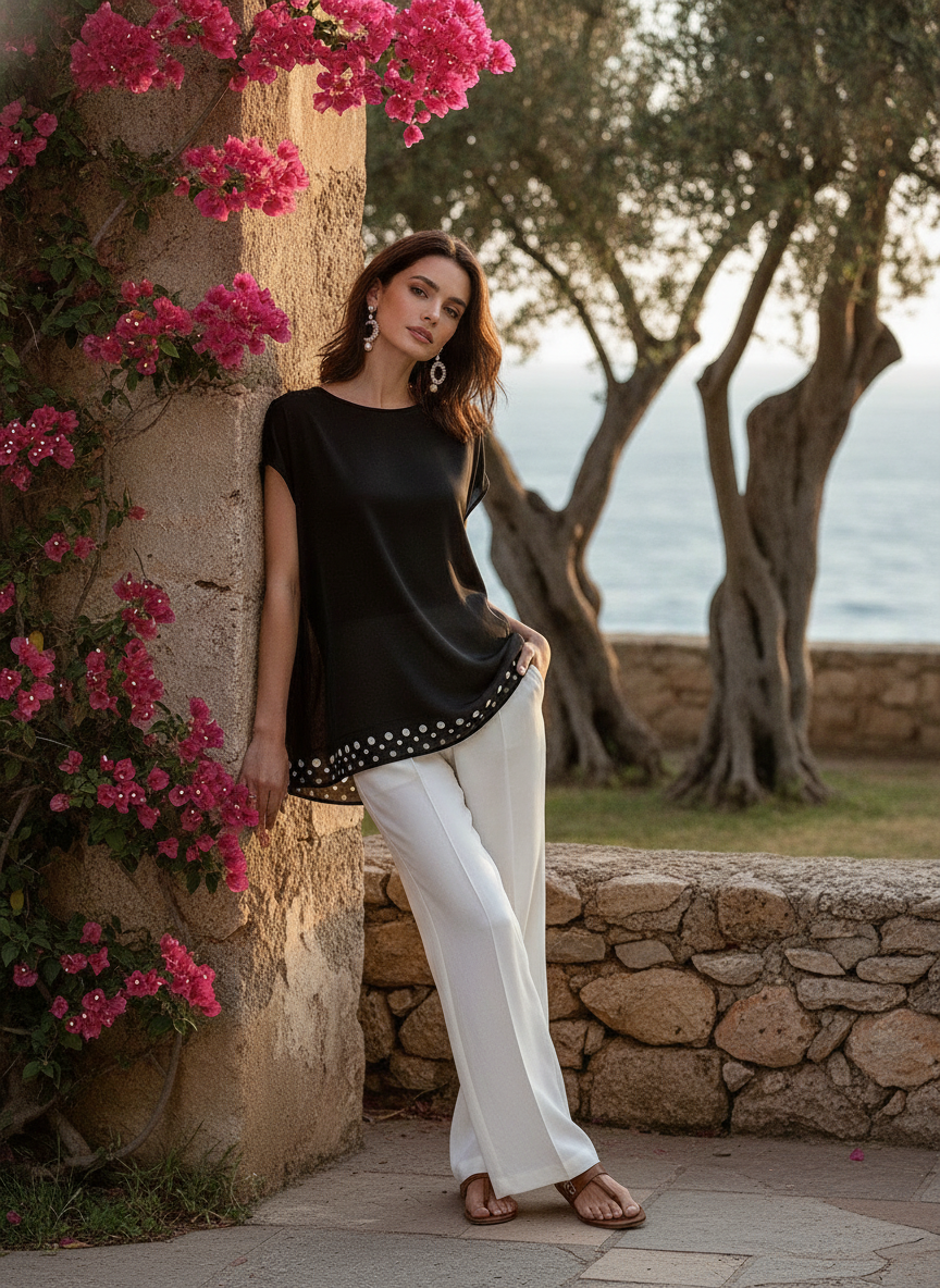 Juliette | Ladies Short Sleeve Blouse With Polka Dot Trim