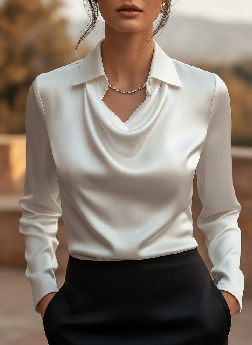 Floriane | Plus Size Ladies Blouse Draped Satin Work Smart Casual