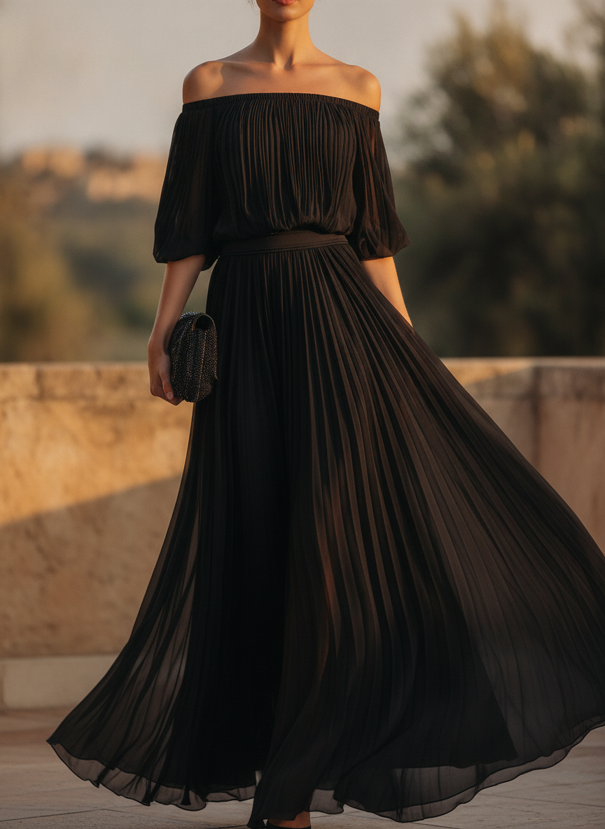 Floriane | Off-Shoulder Pleated Chiffon Maxi Evening Dress