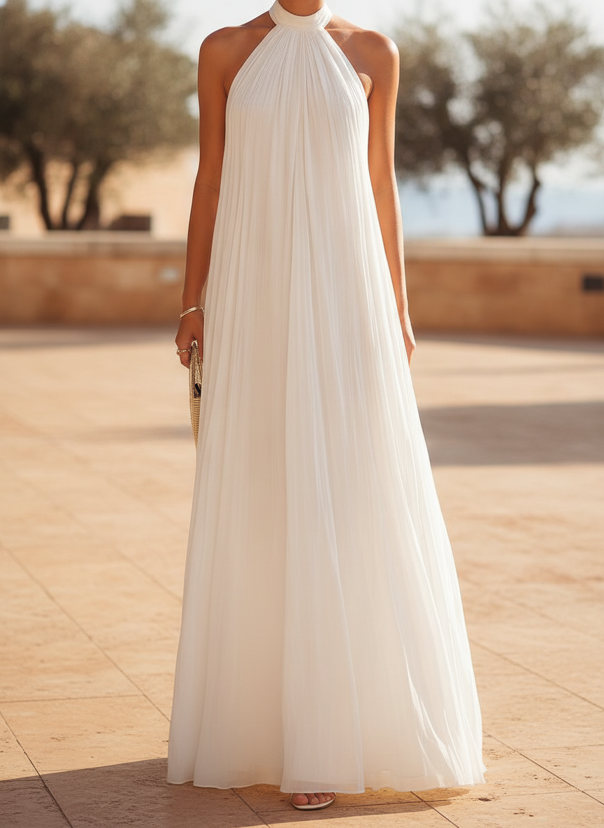Isadora | Pleated Halter Neck Flowing White Maxi Dress