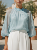 Ophelia | Ladies Pleated High Neck Blouse Sky Blue Workwear