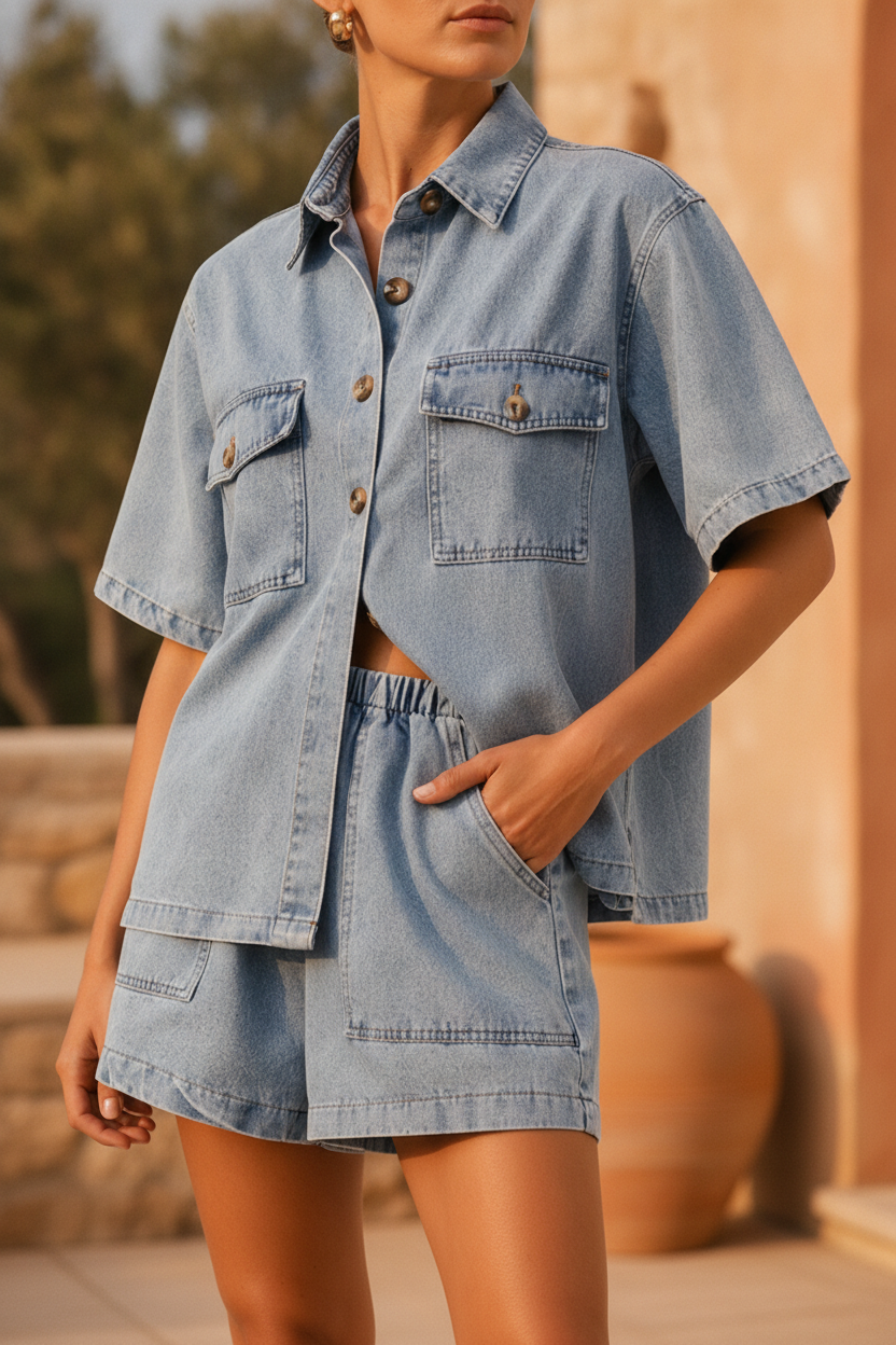 Vivienne | Women's Denim Two Piece Shirt & High-Waist Shorts Set
