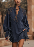 Romilly | Indigo Suede Stand Collar Mini Dress With Tassels
