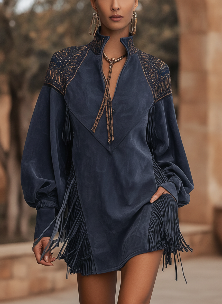 Romilly | Indigo Suede Stand Collar Mini Dress With Tassels