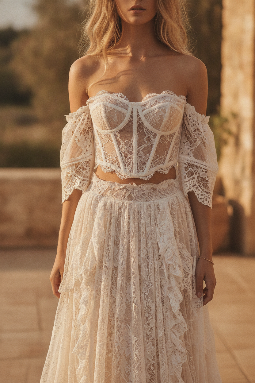 Nadia | 2 Piece Boho Wedding Corset Dress Off Shoulder Lace