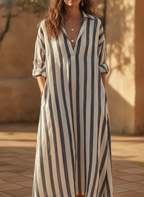 Cordelia | Striped House Dress Maxi V-Neck Long Sleeve Summer