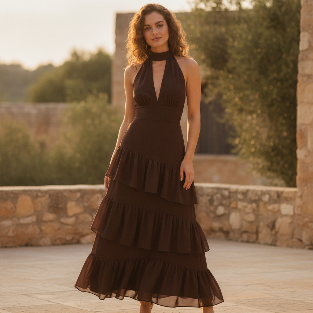 Xanthe | Layered Halter Neck Draped Chiffon Maxi Evening Dress