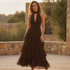 Xanthe | Layered Halter Neck Draped Chiffon Maxi Evening Dress