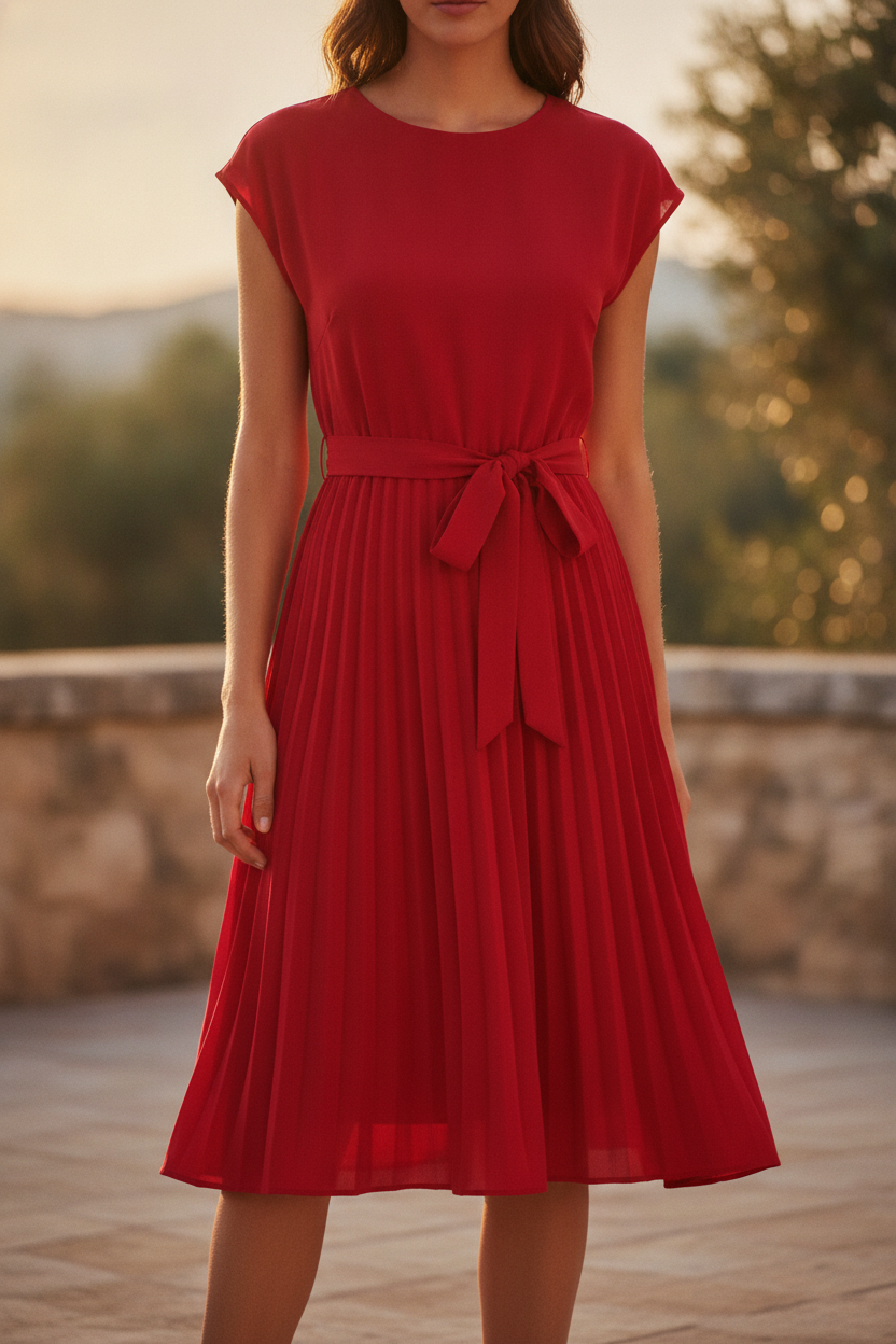 Beatrix | Pleated Chiffon Midi Dress With Belt For Every Occasion