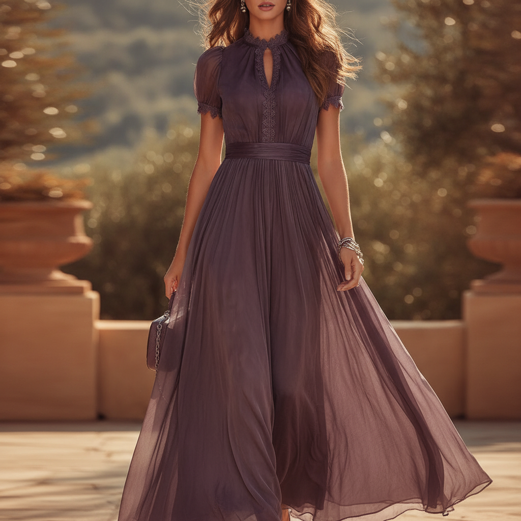 Ophelia | Pleated Chiffon Maxi Dress with Lace Trim