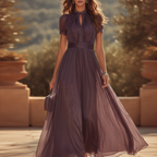 Ophelia | Pleated Chiffon Maxi Dress with Lace Trim
