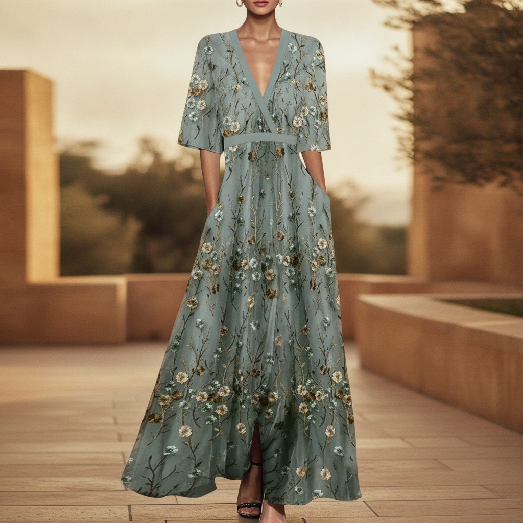 Quintessa | Floral Sage Green Maxi Dress For Garden Parties