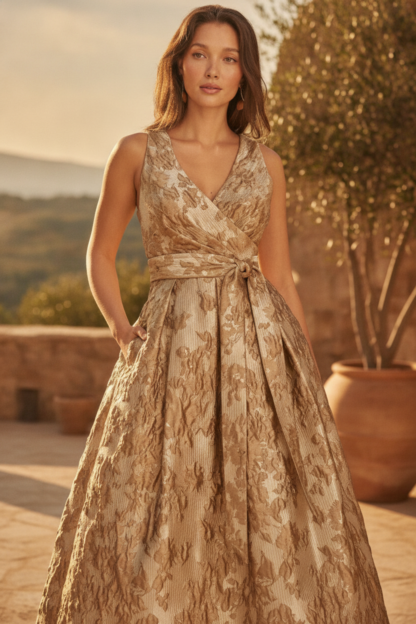 Sabine | Wrap A-Line Maxi Dress in Frosted Beige Brocade