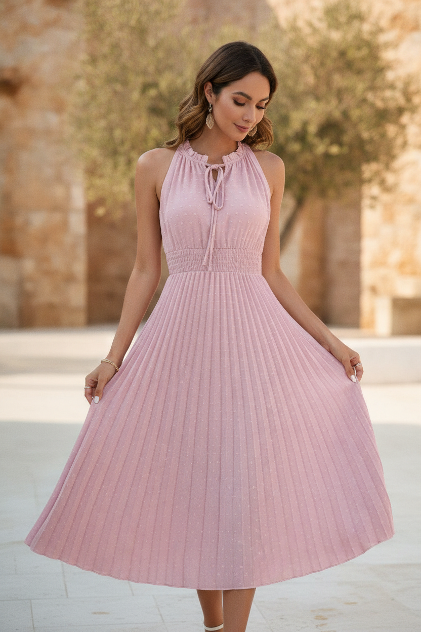 Celestine | Pleated Halter Neck Dress For Evening Occasions