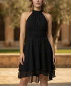 Yolanda | Pleated Halter Neck Layered Mini Cocktail Dress